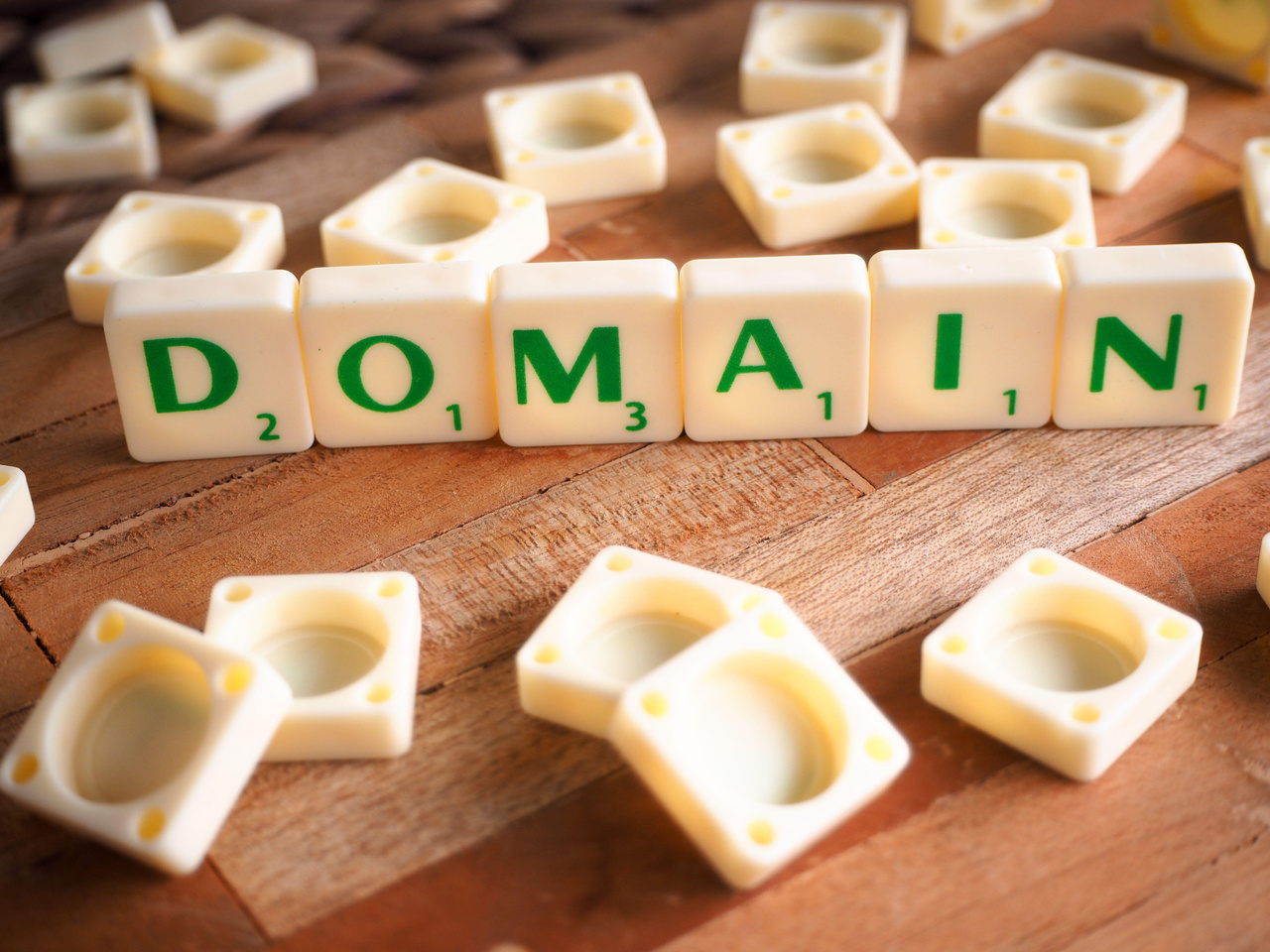 The word ‘domain’ spelled out in Scrabble-like board game pieces